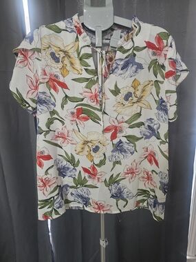 Ovi White Floral Tie-Neck Blouse with Red, Yellow & Blue Blooms